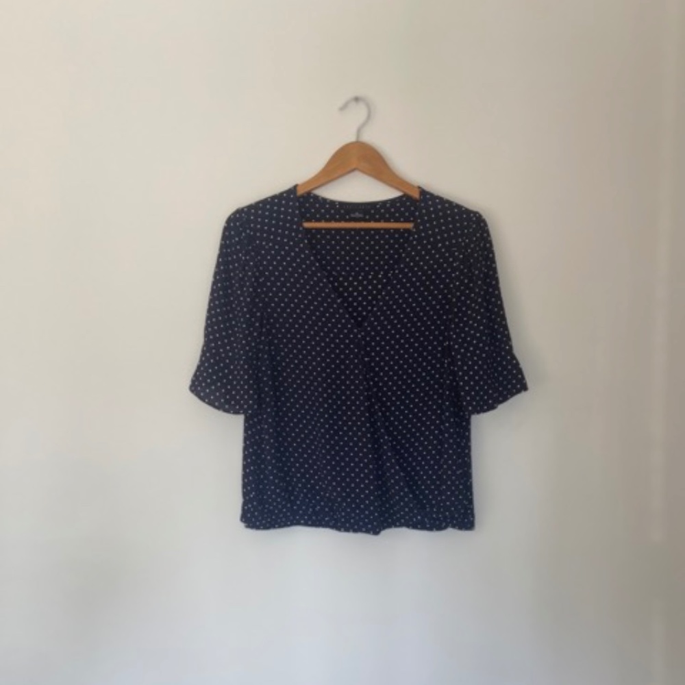 Sanctuary Silky V-Neck Wrap Top in Navy with White Polka Dots